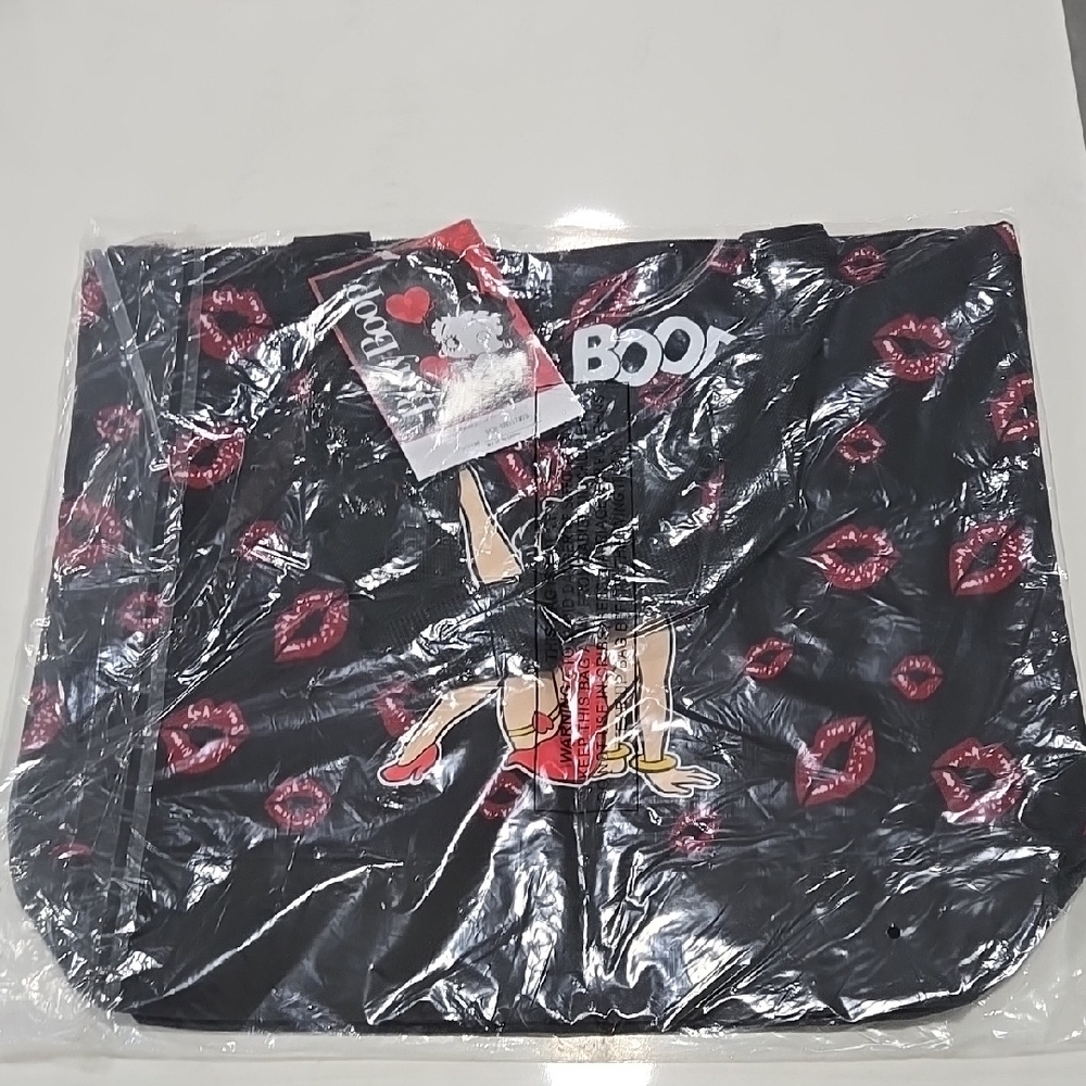 Black Tote Bag with Red Lip Print